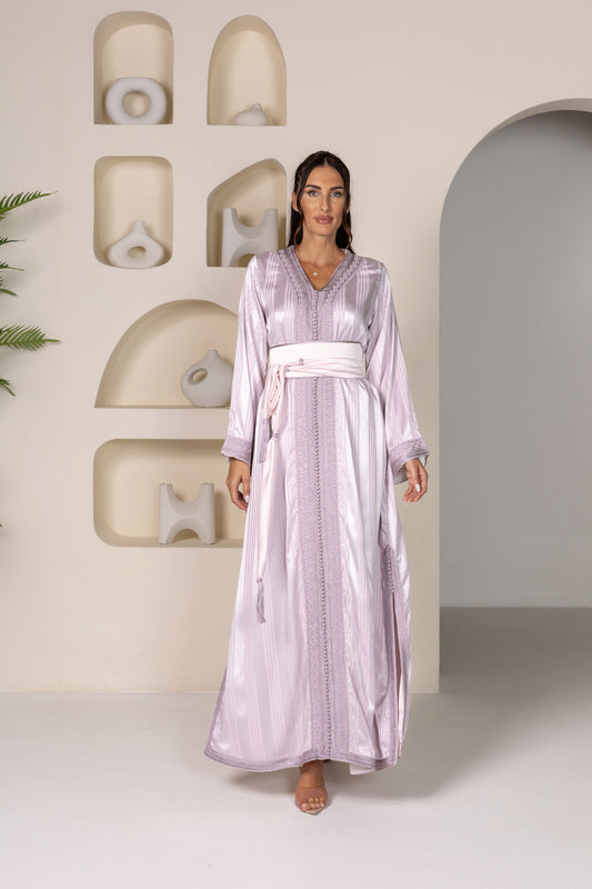 Full front view of light purple Moroccan kaftan with tied belt and wide sleeves