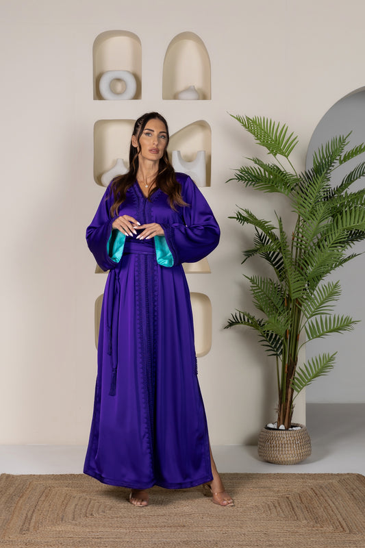 Side view of purple Moroccan kaftan showing elegant design and belt